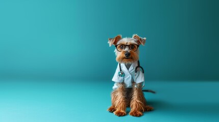 a small dog wearing a doctor's white coat, a stethoscope around its neck, and glasses. It appears to be a digital alteration or a creative depiction rather than a real-world scenario. 