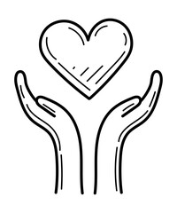 Coloring page heart in hands doodle. Hand drawn vector illustration.