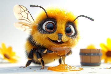The bee eats natural honey. 3d illustration