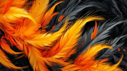 A vibrant and striking art piece showcasing a collection of orange and black feathers, evoking a sense of natural beauty and creativity - obrazy, fototapety, plakaty