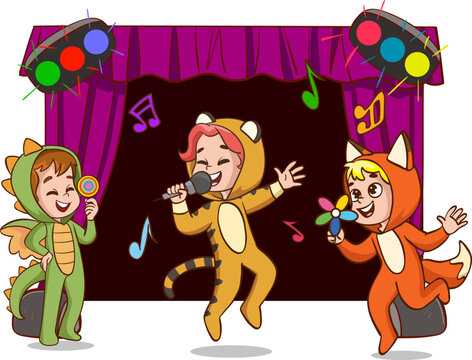 Child Actors Performing Theater on Stage.Color Vector Illustration with Talented School Children Theater Performance.