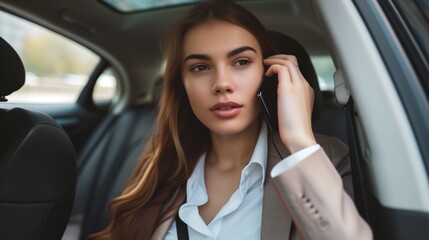 Young attractive businesswoman holding a smartphone in a luxurious car during business trip.