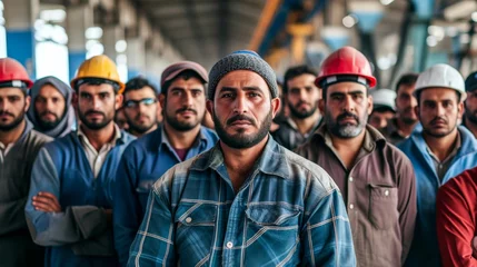 Fotobehang A team of rugged workers, sporting hard hats and jackets, proudly stand on the bustling city street with determination in their human faces, ready to tackle the towering building before them © Radomir Jovanovic