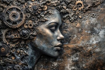 A breathtaking stone carving of a woman's face, evoking the raw beauty of human emotion and captured in an exquisite metal sculpture, stands tall as a magnificent outdoor artifact