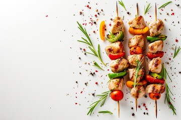 A colorful and mouthwatering display of culinary art, showcasing a delicate brochette of skewered vegetables and fruits adorned with aromatic spices, ready to be devoured as a delicious and visually 