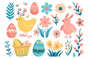 Happy Easter Eggs Basket egg hunt. Bunny in flower easter violets decoration Garden. Cute hare 3d violet easter rabbit spring illustration. Holy week Serene card wallpaper ranunculus