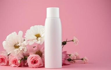 Fresh feminine beauty concept. White cosmetic bottle mock up on soft pink background with flowers bouquet. AI Generative.