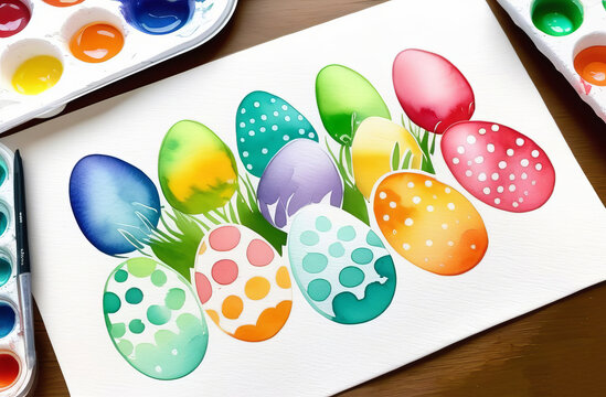 picture with drawing color easter eggs and grass with watercolors nearby. Easter activities at home. DIY games at home