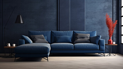 Dark blue corner sofa in a dark living room