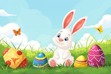 Happy Easter Eggs Basket Family. Bunny in flower easter joy decoration Garden. Cute hare 3d Blessing easter rabbit spring illustration. Holy week red velvet card wallpaper hellebores