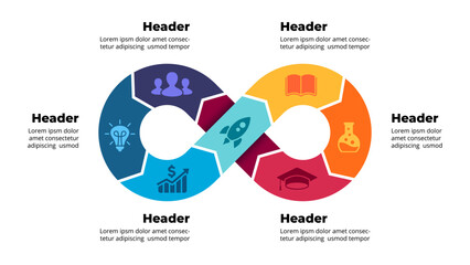 Circle Arrows Diagram. Infinity symbol infographic. Success concept. Startup business cycle icon. Clear modern graphic design. 6 steps options . Creative presentation template slide. Flow color chart