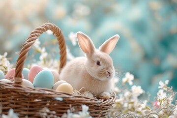 Happy Easter Eggs Basket carnations. Bunny in flower easter Renewal decoration Garden. Cute hare 3d Petals easter rabbit spring illustration. Holy week Lawn card wallpaper blank spot