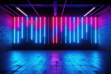 Neon blue red brick wall big lights. Glowing night space interior electric. Generate AI