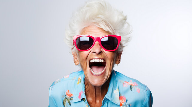 happy old woman on white background