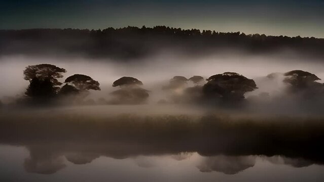 Tranquil Dawn Over Misty Lake - shrouded in a soft morning mist