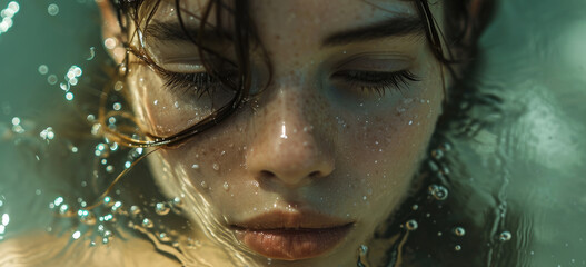 Close-up of woman's face refreshed by water. Skincare and purity.