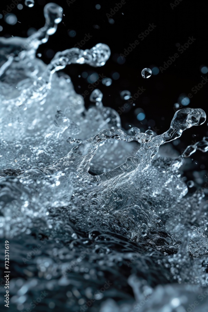 Poster dynamic water splash on black background. generative ai.