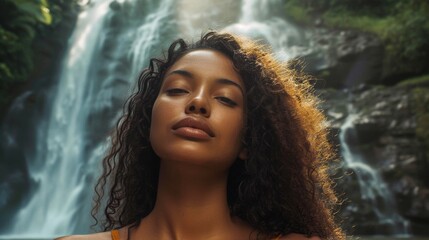 Amidst the cascading beauty of a natural waterfall, a woman with long, wild curls stands in peaceful harmony with the powerful flow of water