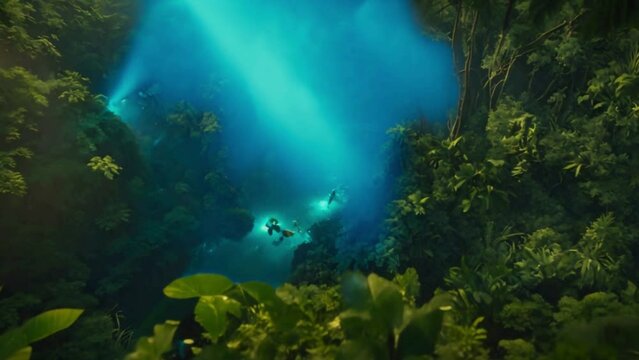 Sci-fi adventure film, overhead shot of a lush jungle on an alien planet, a team of explorers using advanced technology to navigate through dense foliage and uncharted terrain, mysterious creatures.