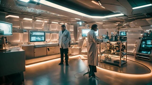 Sci-fi thriller, wide-angle shot of a futuristic laboratory, a scientist unveiling a groundbreaking invention, intense action sequence, high-tech gadgets, fluorescent lighting.