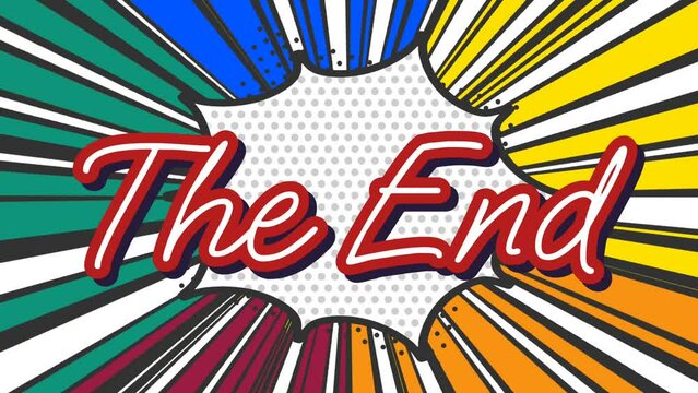 THE END - ending text effect animation with colorful retro comic sunburst background. Seamless looping 4K video.