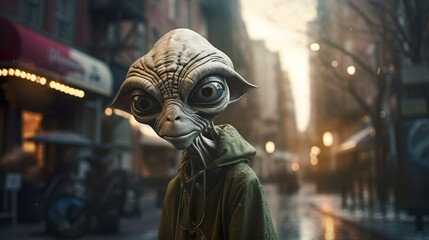 Spooky creepy green alien in human clothes on a city street. The invader spy stranger among us.