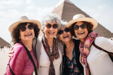 smiling female senior tourists visiting Egypt posing looking at the camera