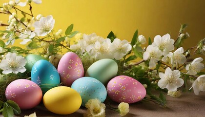 Fototapeta na wymiar Happy Easter composition, colorful eggs among spring flowers on pastel yellow background