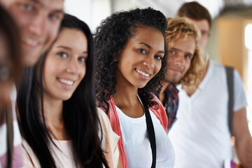 Friends, students and bonding on college campus, portrait and ready for university and education. People, diversity and learning or start school together, academy and preparing for studying in class