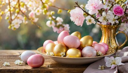 Happy Easter composition, gold colors and pastel pink egss in plate on wooden table. Spring flowers