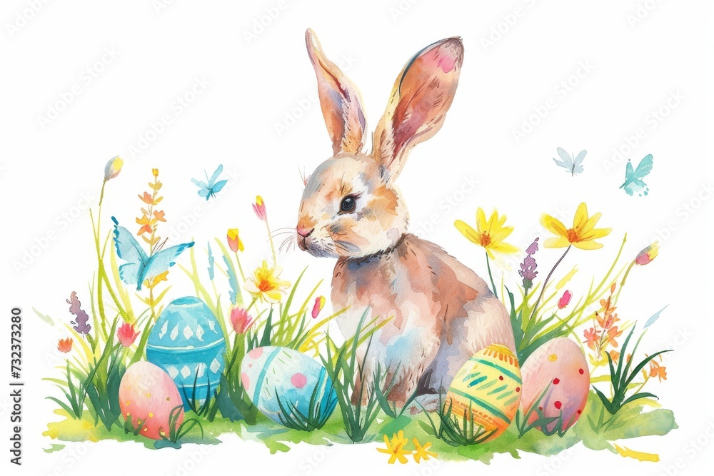 Wall mural Happy Easter Eggs Basket Blessing. Bunny in flower easter orange spice decoration Garden. Cute hare 3d Copy area easter rabbit spring illustration. Holy week teal card wallpaper style - Wall murals