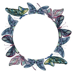 Fototapeta premium Hand drawn watercolor illustration butterfly fairy wings gem crystal insect moth. Amethyst emerald fluorite moonstone. Wreath frame isolated on white background. Design print, shop, wedding, birthday