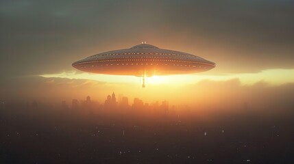 Space alien ship UFO over the city. Alien invasion with spacecraft saucer in the night. Unidentified object attacking the city.