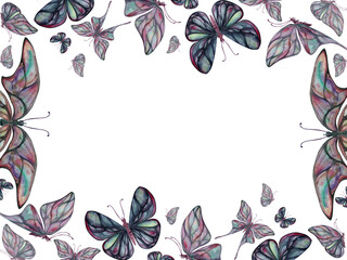 Hand drawn watercolor illustration butterfly fairy wings gem crystal insect moth. Tourmaline pearl labradorite opal. Horizontal frame isolated on white background. Design print shop, wedding, birthday