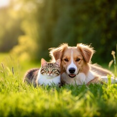 Cute dog and cat lying together on a green grass field nature in a spring sunny background © Nasir