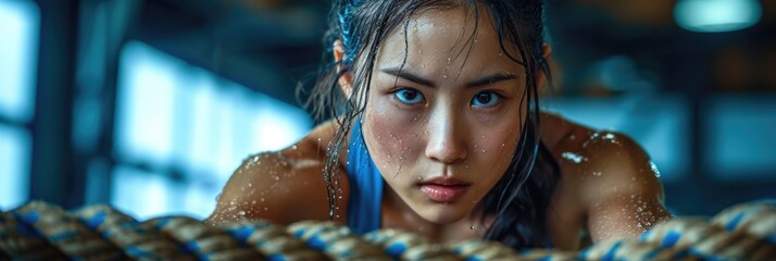 Asian Woman in Wetsuit Looking at the Camera. Generative AI.