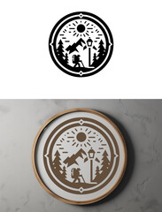 Black Mountain Adventure Badge in Circle White Signboard. adventure badge design. Mountains labels. Mountain Stamp. Mountaineering, climbing, hiking vector illustration. 