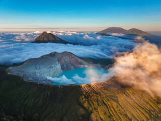 Aerial view of mount Kawah Ijen volcano crater at sunrise, East Java, Indonesia - 732374233