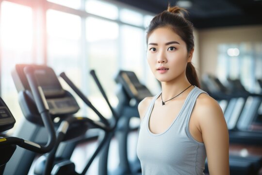 Woman Standing in Front of Row of Treadmills. Generative AI.