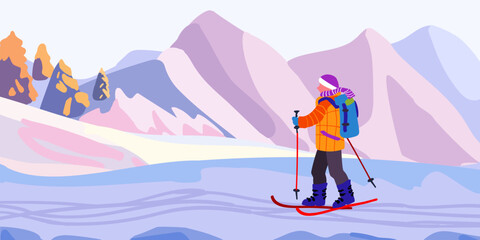 A man on a ski trip. Mountain landscape with ski tracks. Winter holidays and travel. Minimalism. Vector illustration.