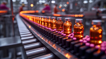 Illustration of medical vials on the production line of a pharmaceutical factory, the vials are filled with liquid medicine, workers watch the process in the background. Conveyor belt, sterile environ