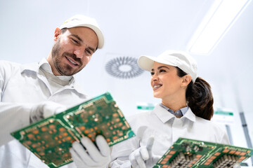 Experienced quality control workers checking electronics components in production factory.