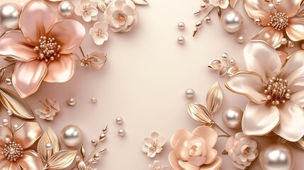 3D Pink Gold Flowers and Pearls isolated on pink background with Space for Text.