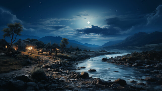 Painting of a River at Night With a Full Moon. Generative AI.