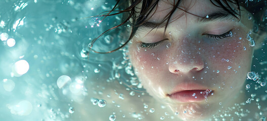 Serene woman submerged in water surrounded by bubbles. Tranquility and relaxation.