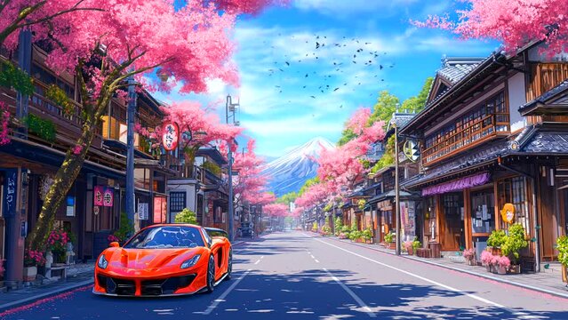 Beautiful spring landscape in the village with sports car. Seamless looping 4k time-lapse virtual video animation background