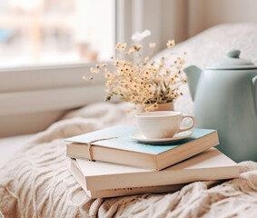 Books and a cup of coffee in a cozy interior in hygge style