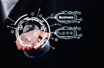 Businesswoman holding global network connection on social networking and customer data analytics, Business strategy and smart intelligence, digital marketing, Technology and global business.