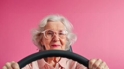 Photo portrait of lovely senior lady hold steering wheel driving lesson wear trendy garment...