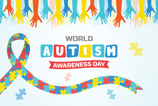 The world autism awareness day banner with colorful hands and a ribbon made puzzle pieces
